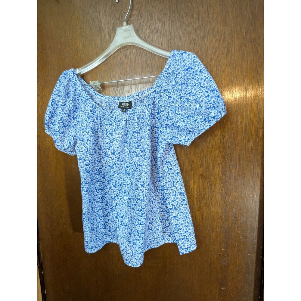 Bobeau Floral Peasant Top Blue Size Small  Puff Short  Sleeves Cottagecore